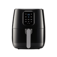 a black air fryer on a black background